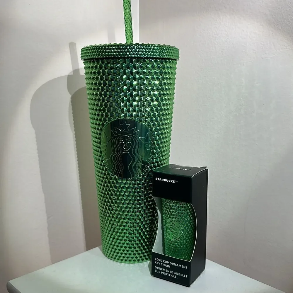 Starbucks 24oz Reusable Green Studded Tumbler and Key Chain Ornament